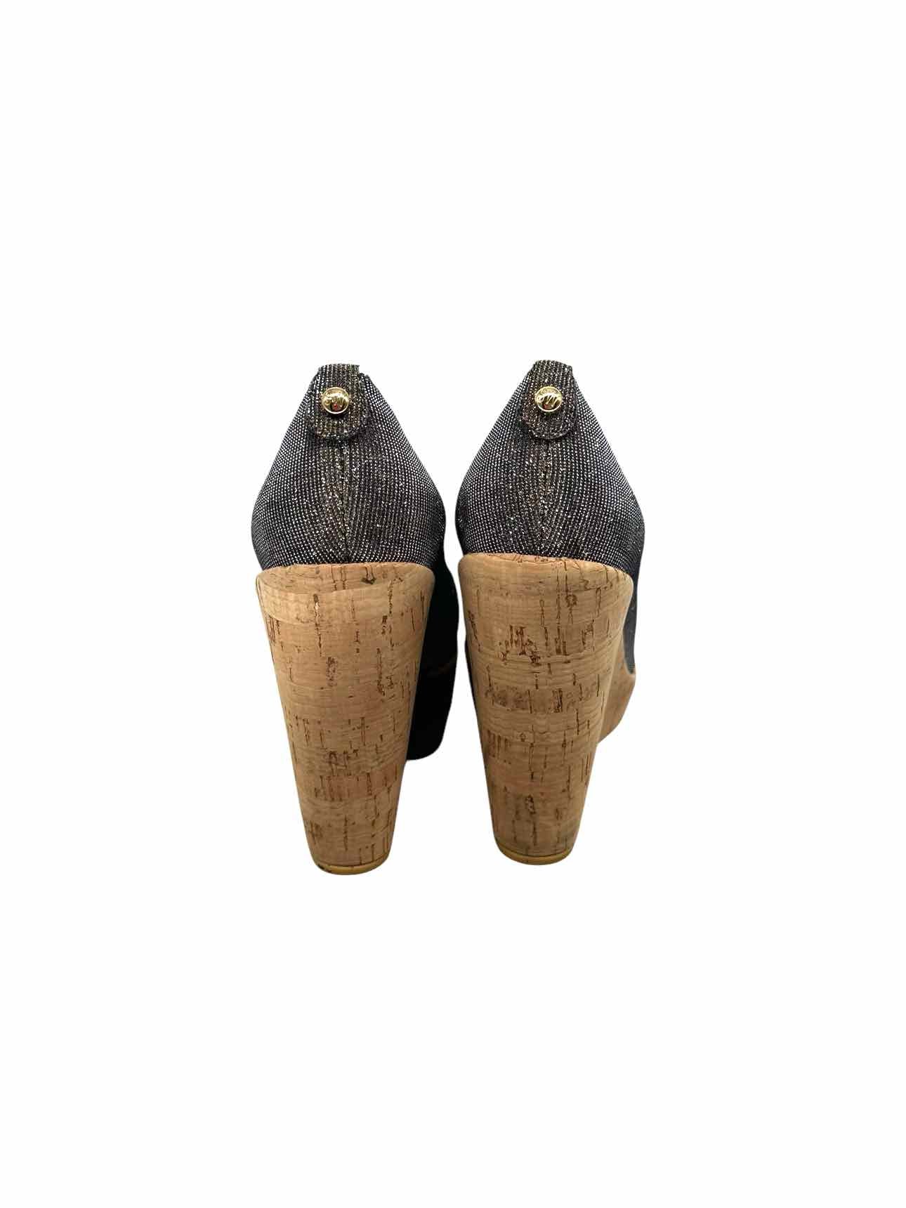 Stuart Weitzman Anna Sliver & Gold Sparkle Cork Wedge Shoe Size 9.5W