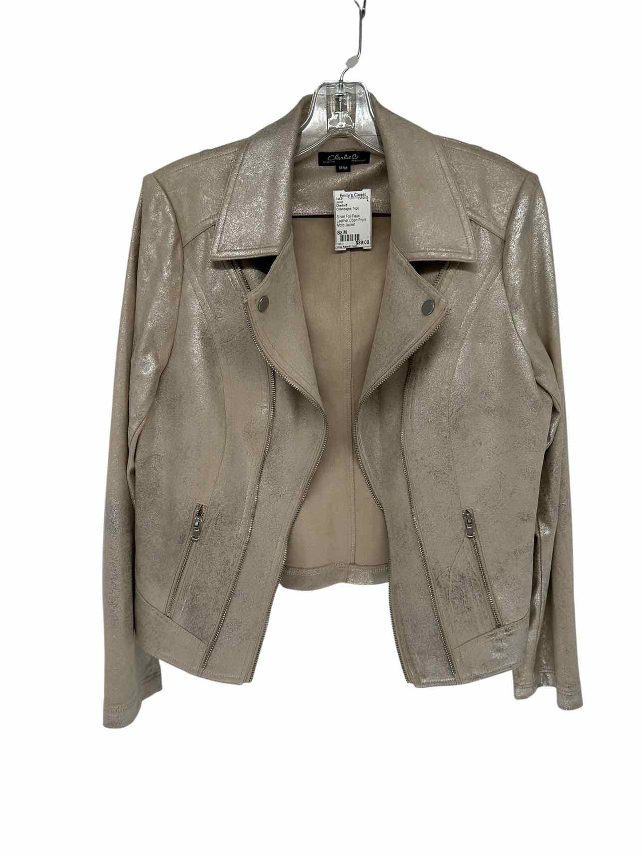 Charlie B Silver Foil Faux Leather Open Front Moto Jacket Size M
