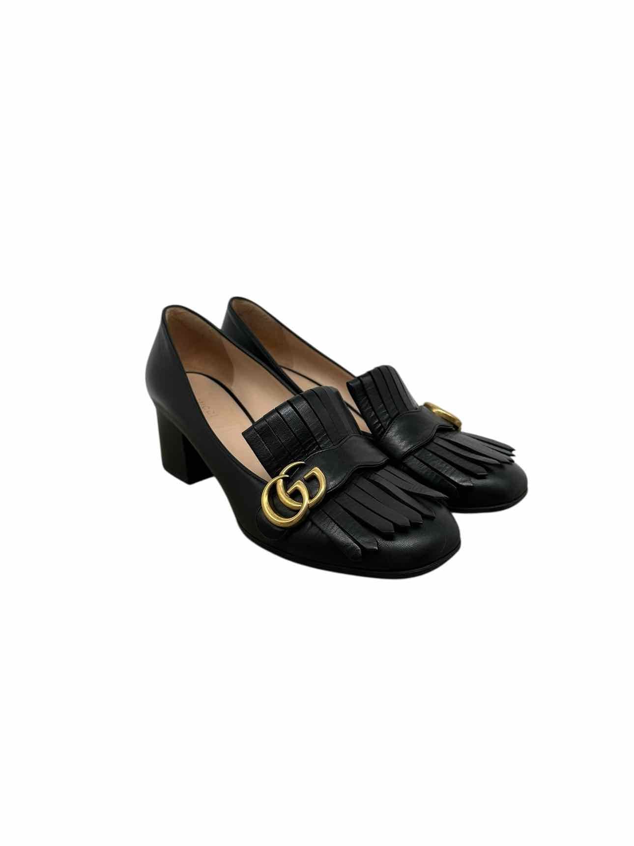 Gucci GG Marmont Fringe Block Heel Loafer Pump Black Shoe Size 9