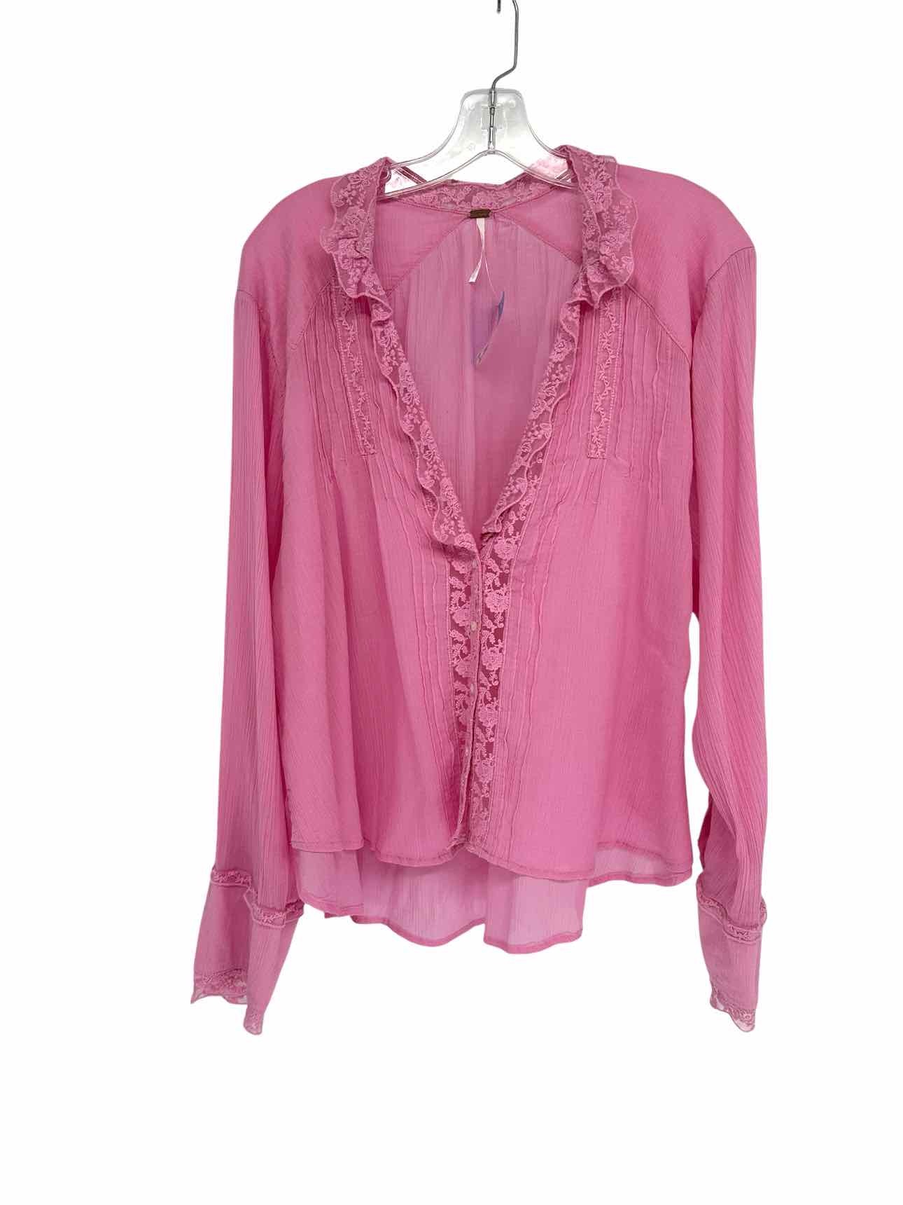 Free People Clemence Lace Button Front Long Sleeve Top Pink Size L