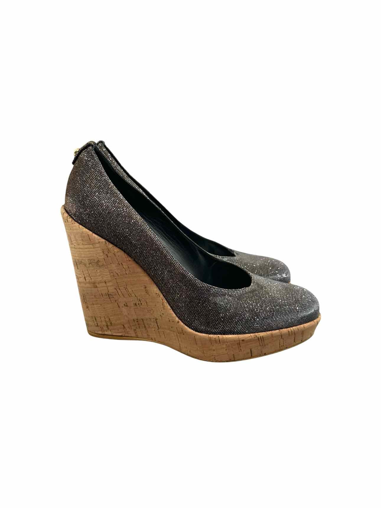 Stuart Weitzman Anna Sliver & Gold Sparkle Cork Wedge Shoe Size 9.5W