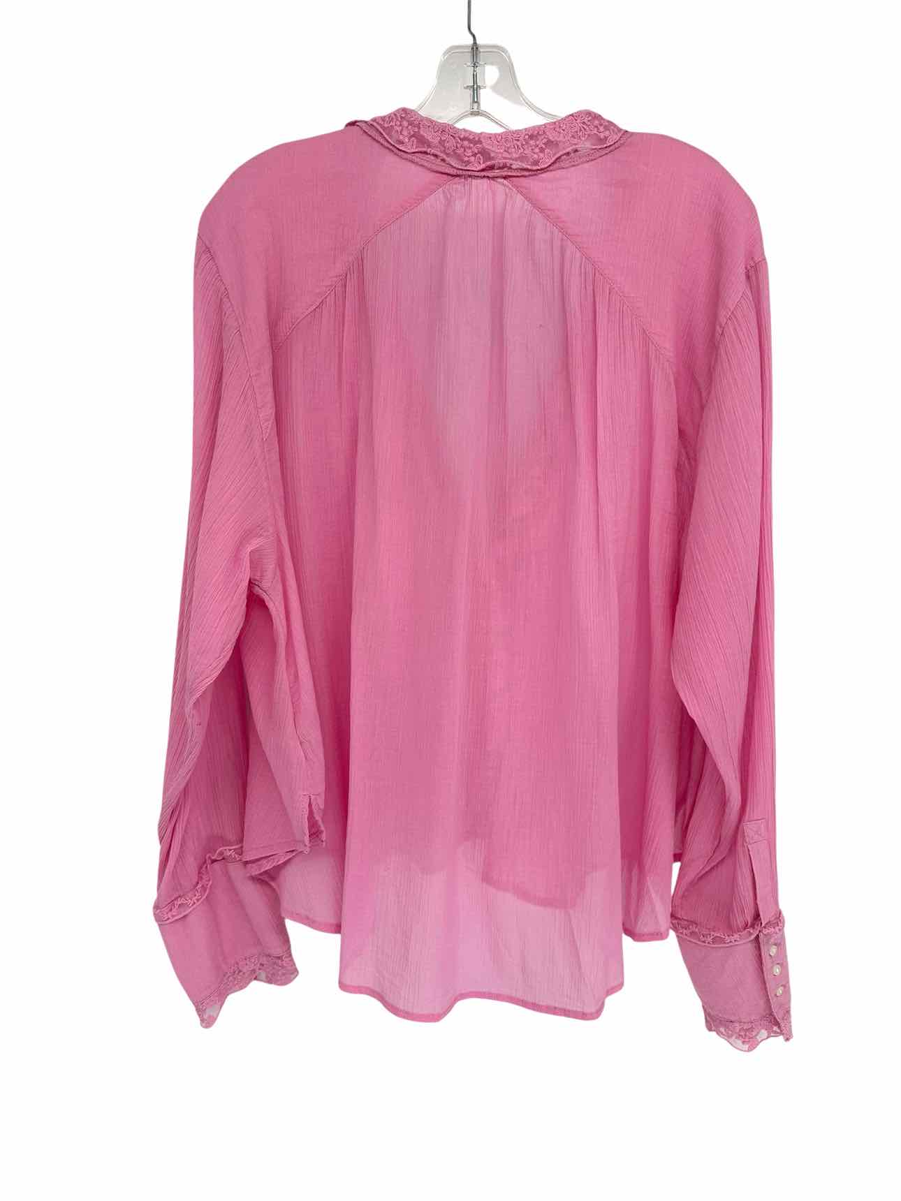Free People Clemence Lace Button Front Long Sleeve Top Pink Size L