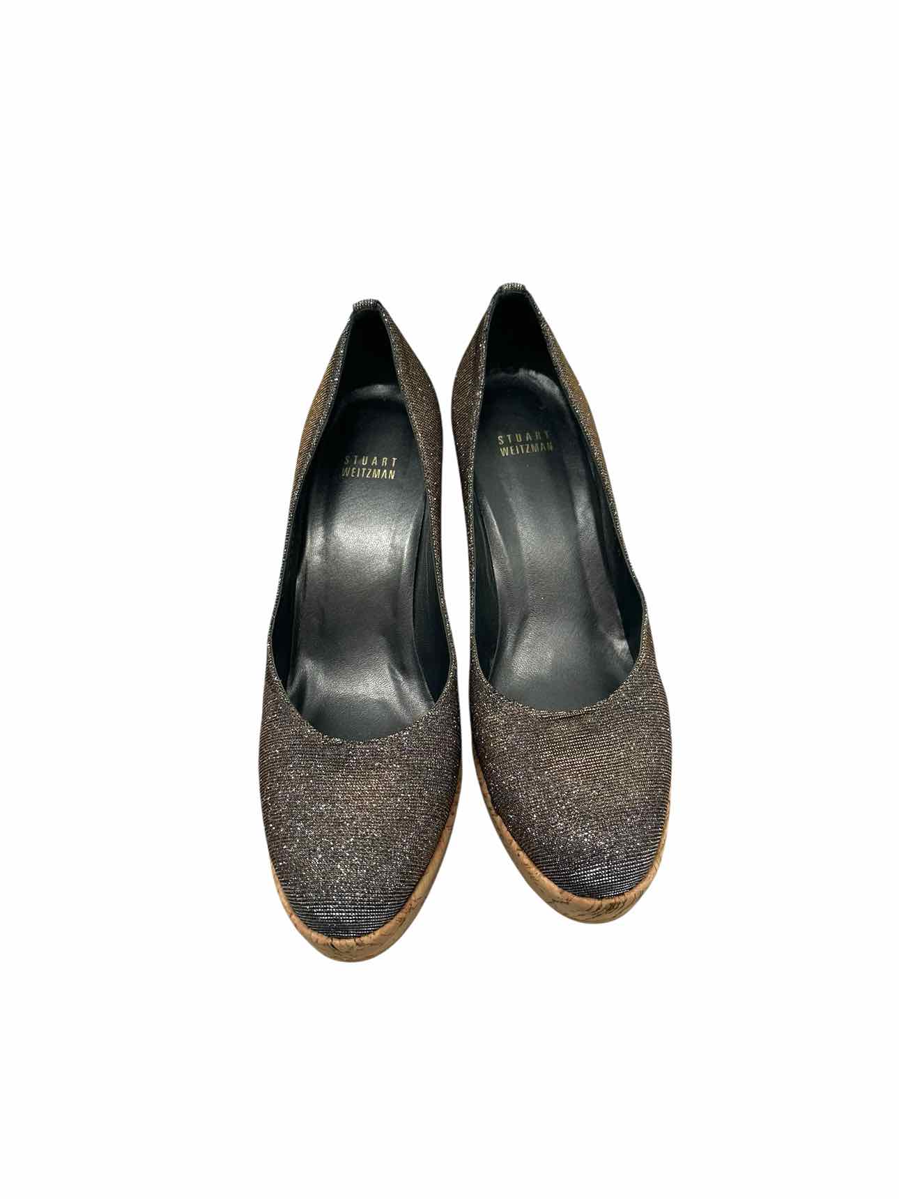 Stuart Weitzman Anna Sliver & Gold Sparkle Cork Wedge Shoe Size 9.5W