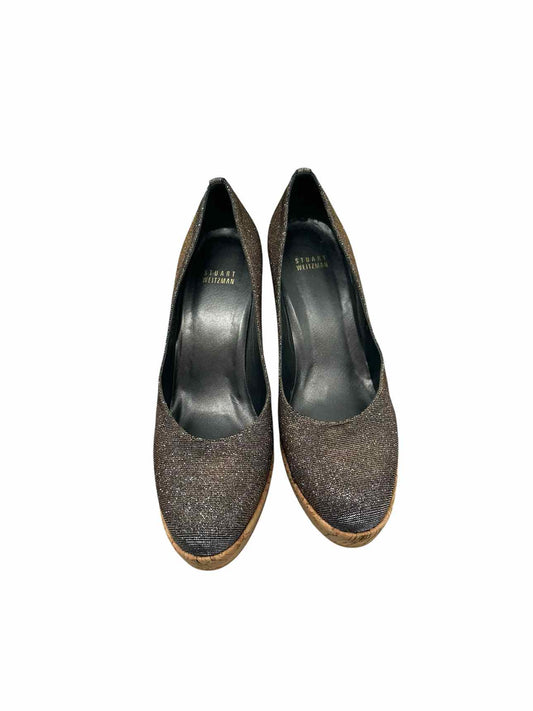Stuart Weitzman Anna Sliver & Gold Sparkle Cork Wedge Shoe Size 9.5W