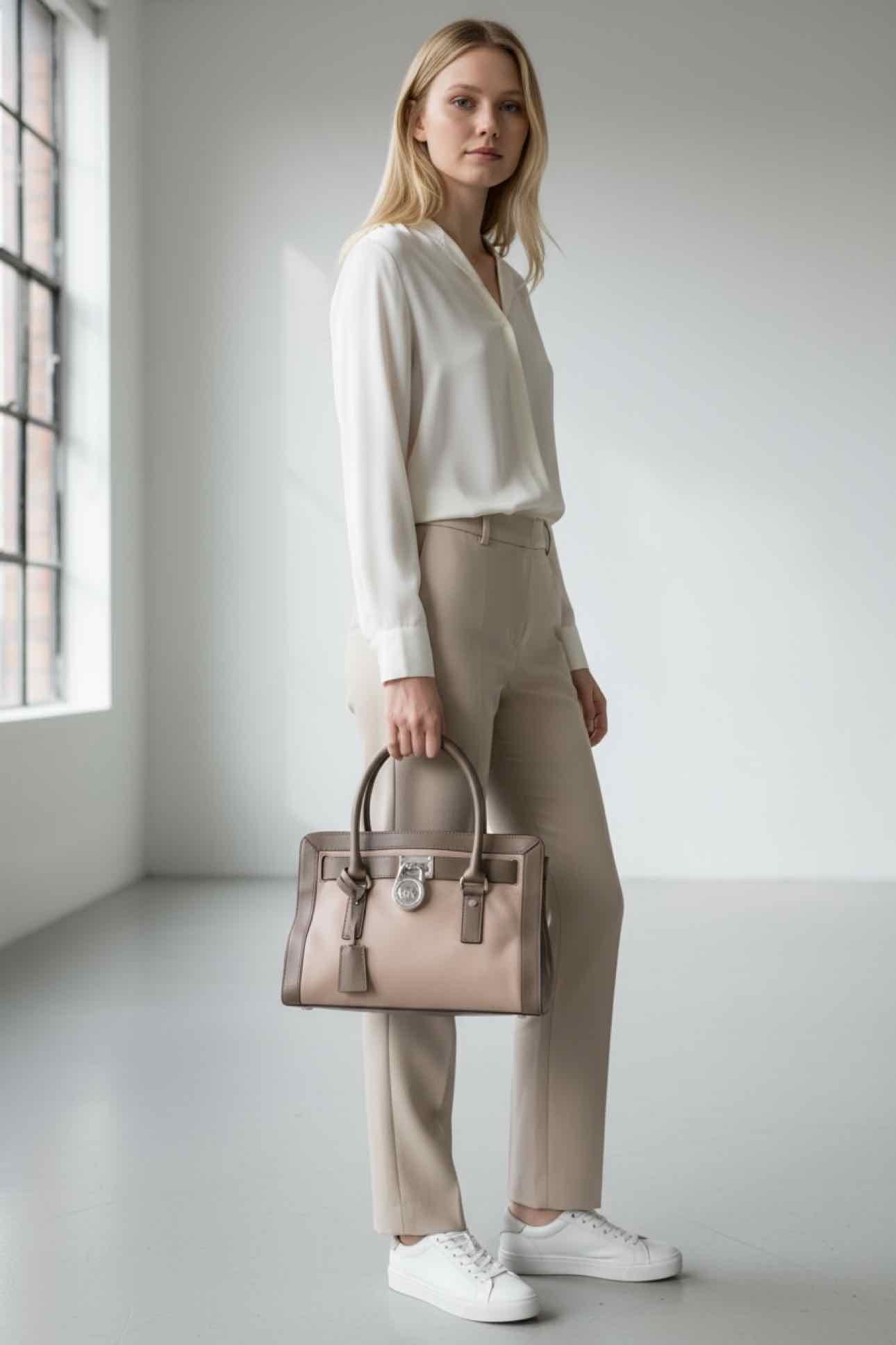 Michael Kors Hamilton Frame Out Taupe Leather Satchel