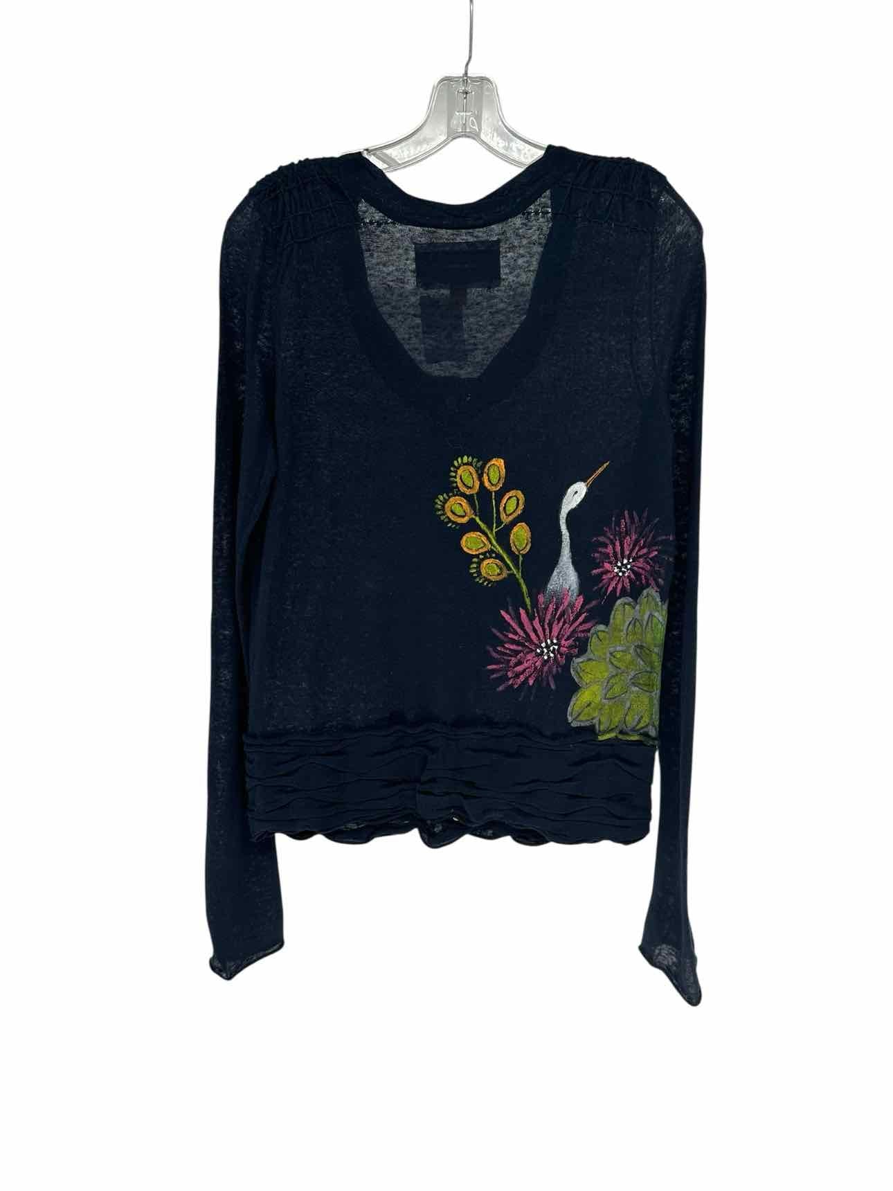 Anthropologie Leifsdottir Handpainted Crane Print Navy Cardigan Size M