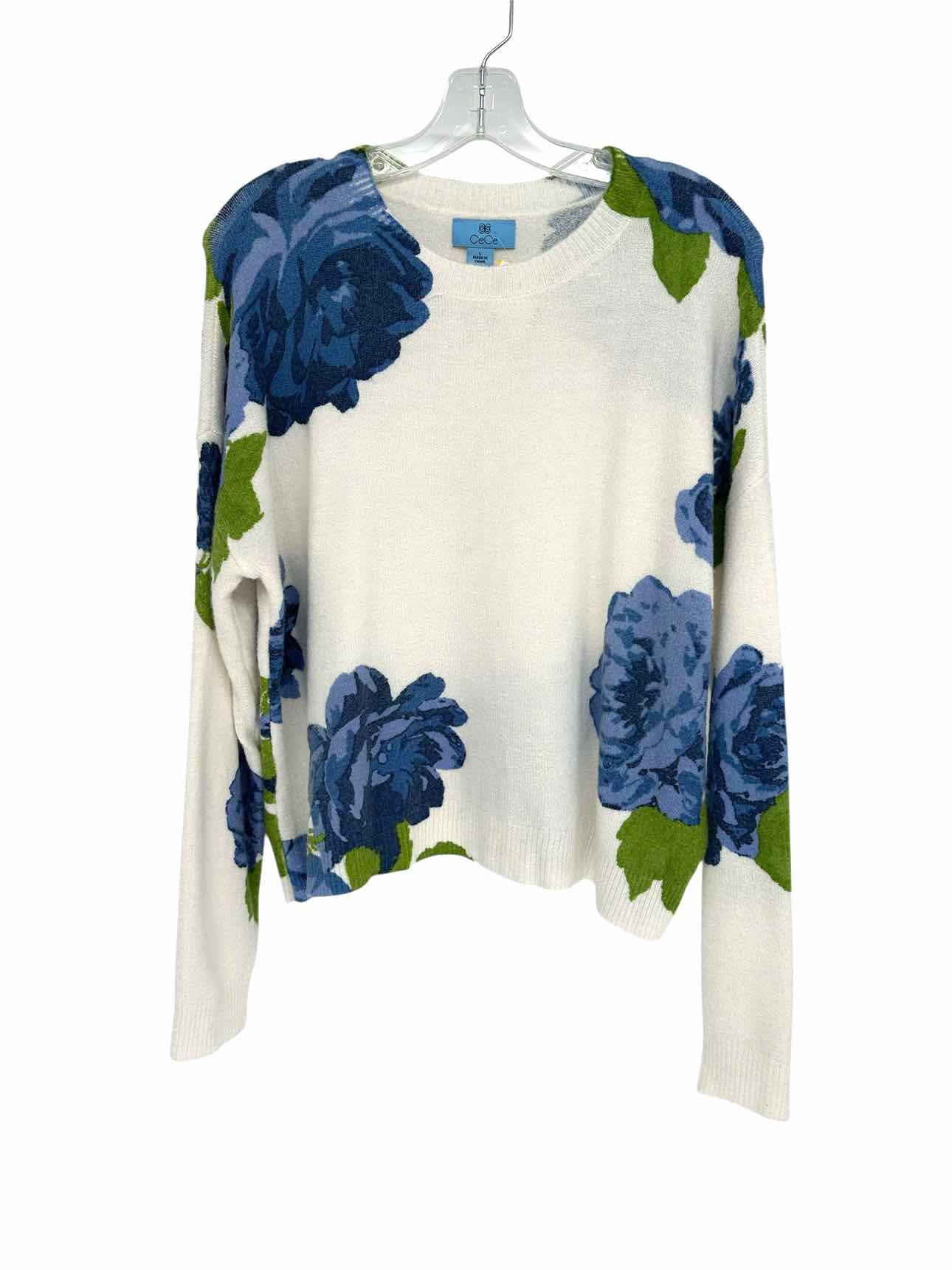 CeCe Blue Floral White Sweater Size L