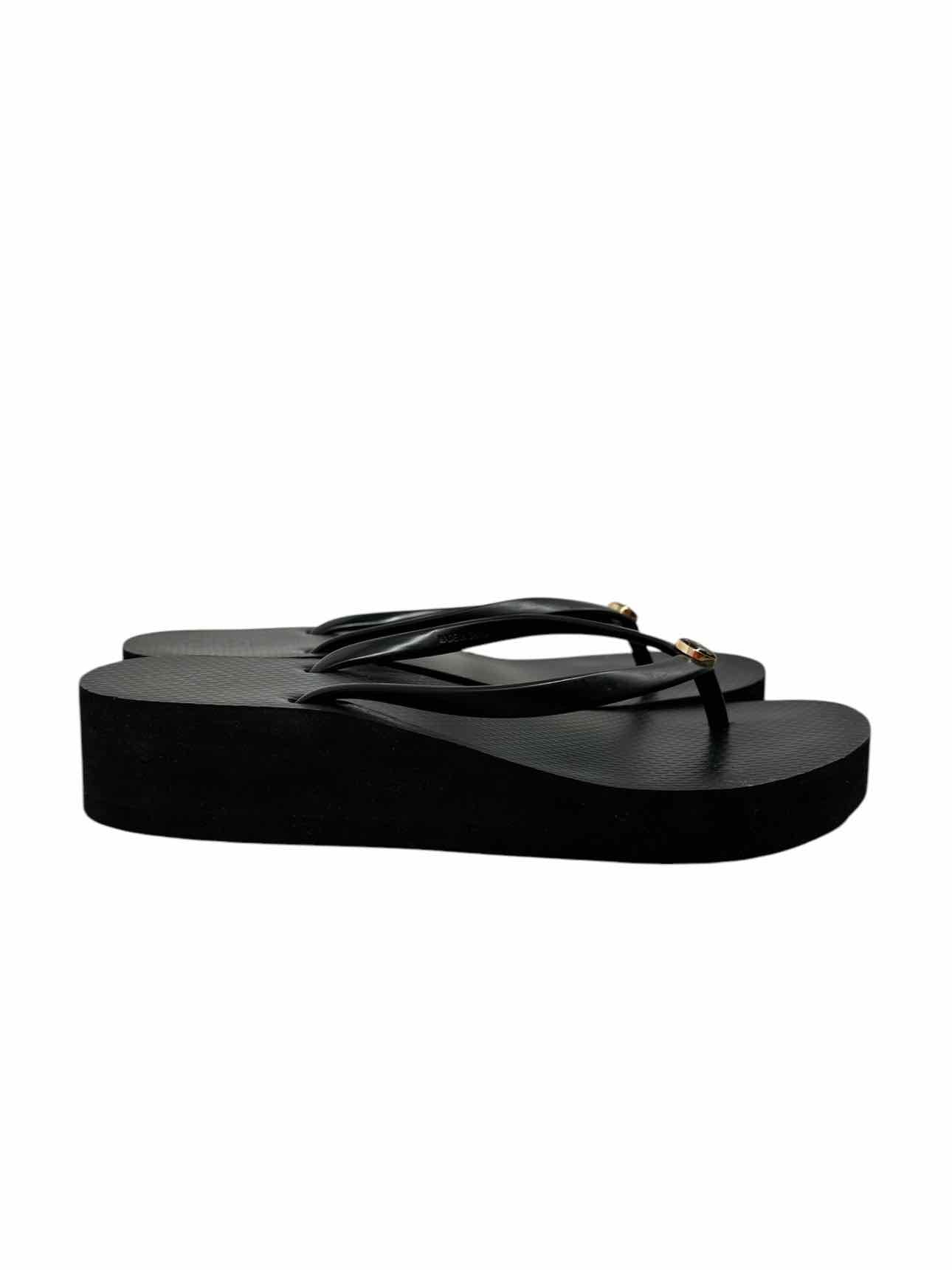 Tory Burch Logo Wedge Flip Flops Black Shoe Size 8