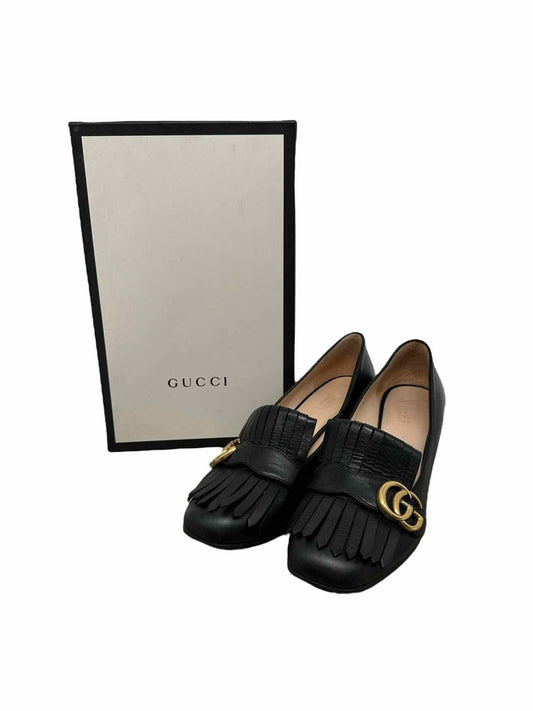 Gucci GG Marmont Fringe Block Heel Loafer Pump Black Shoe Size 9