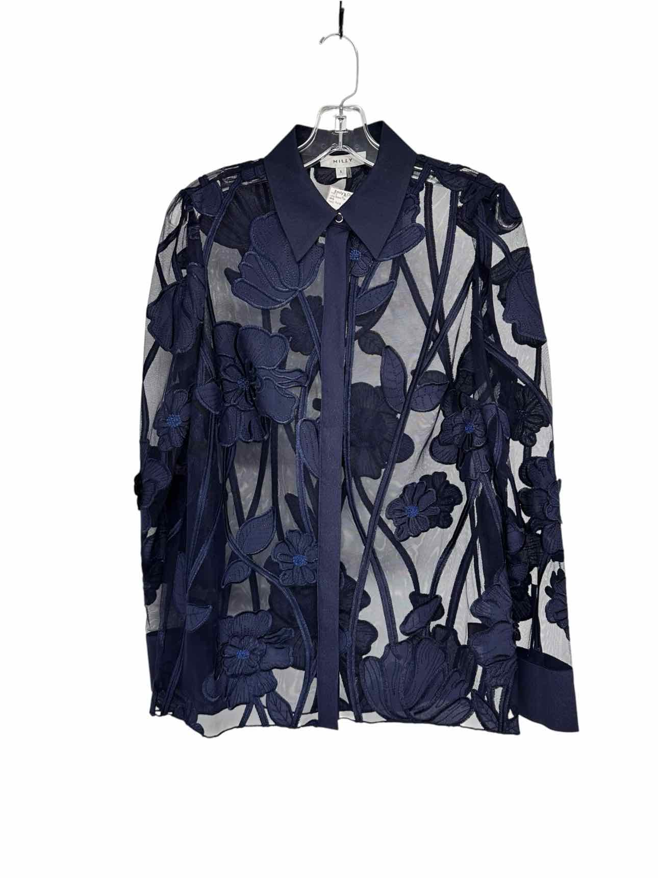 Milly Ashton Grand Fleur Applique Sheer Top Navy Size S