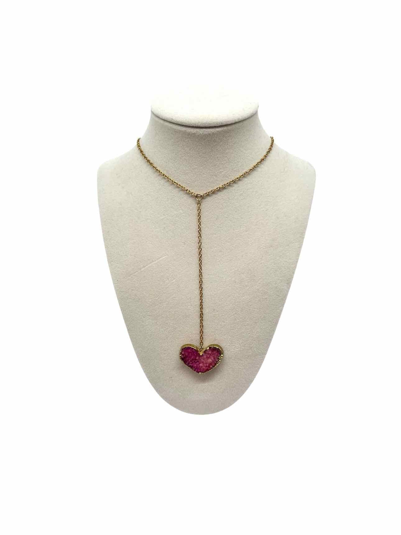 Oia Pink Druzy Agate Heart Y Necklace