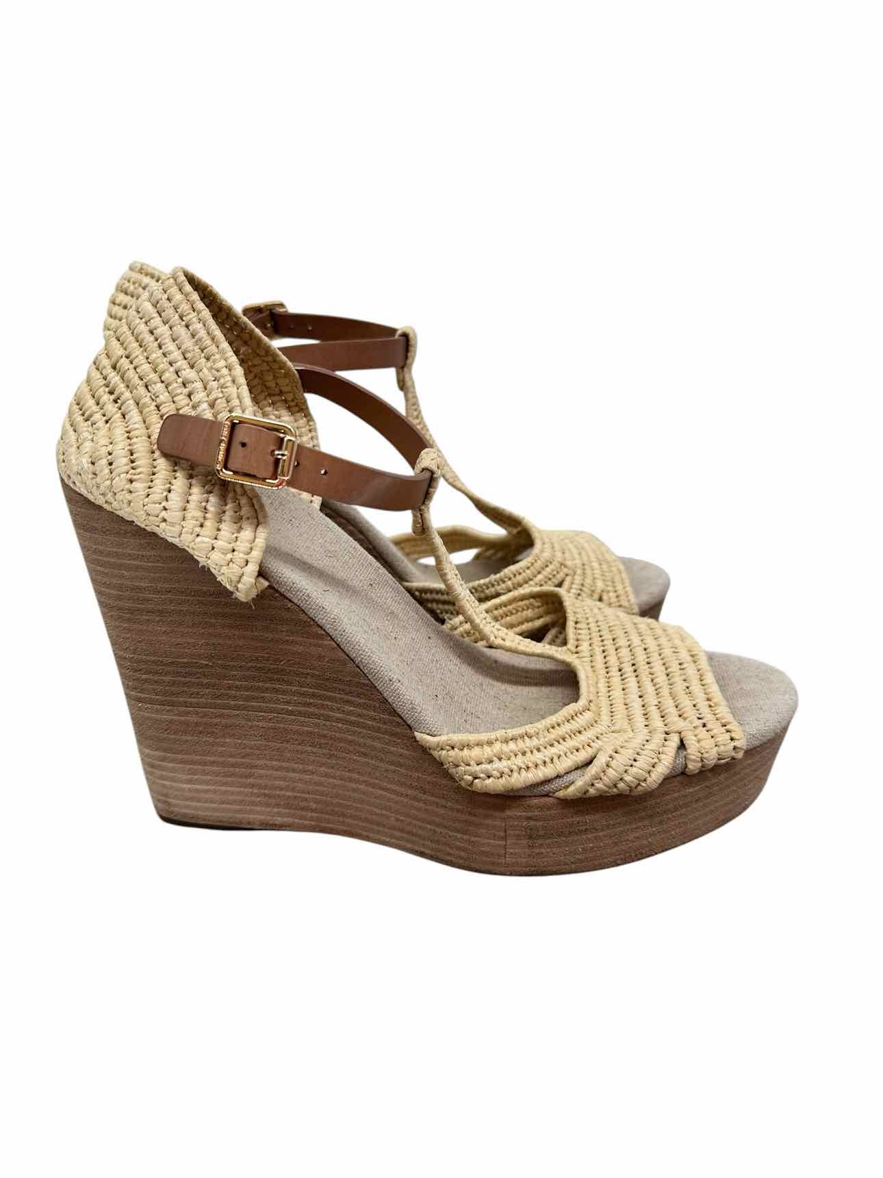 Tory Burch Carina Wedge Tan Sandals Shoe Size 9.5