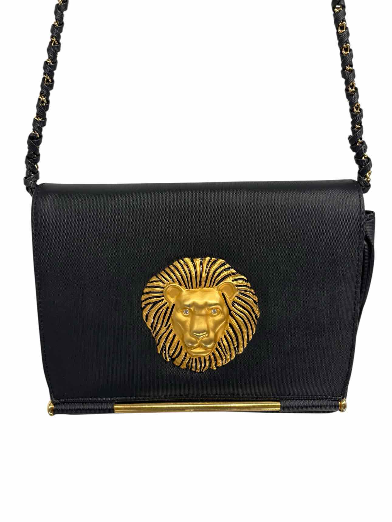 NIMA Vintage Lion w/ Rhinestone Eyes Black Vinyl Shoulder Bag