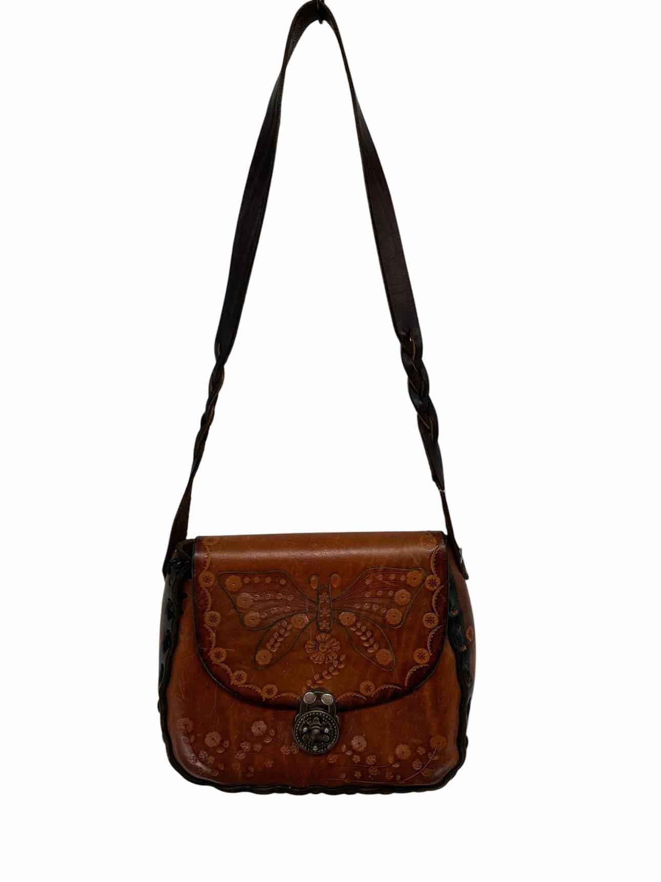 Vintage 1970's Hand Tooled Tan Leather Shoulder Bag