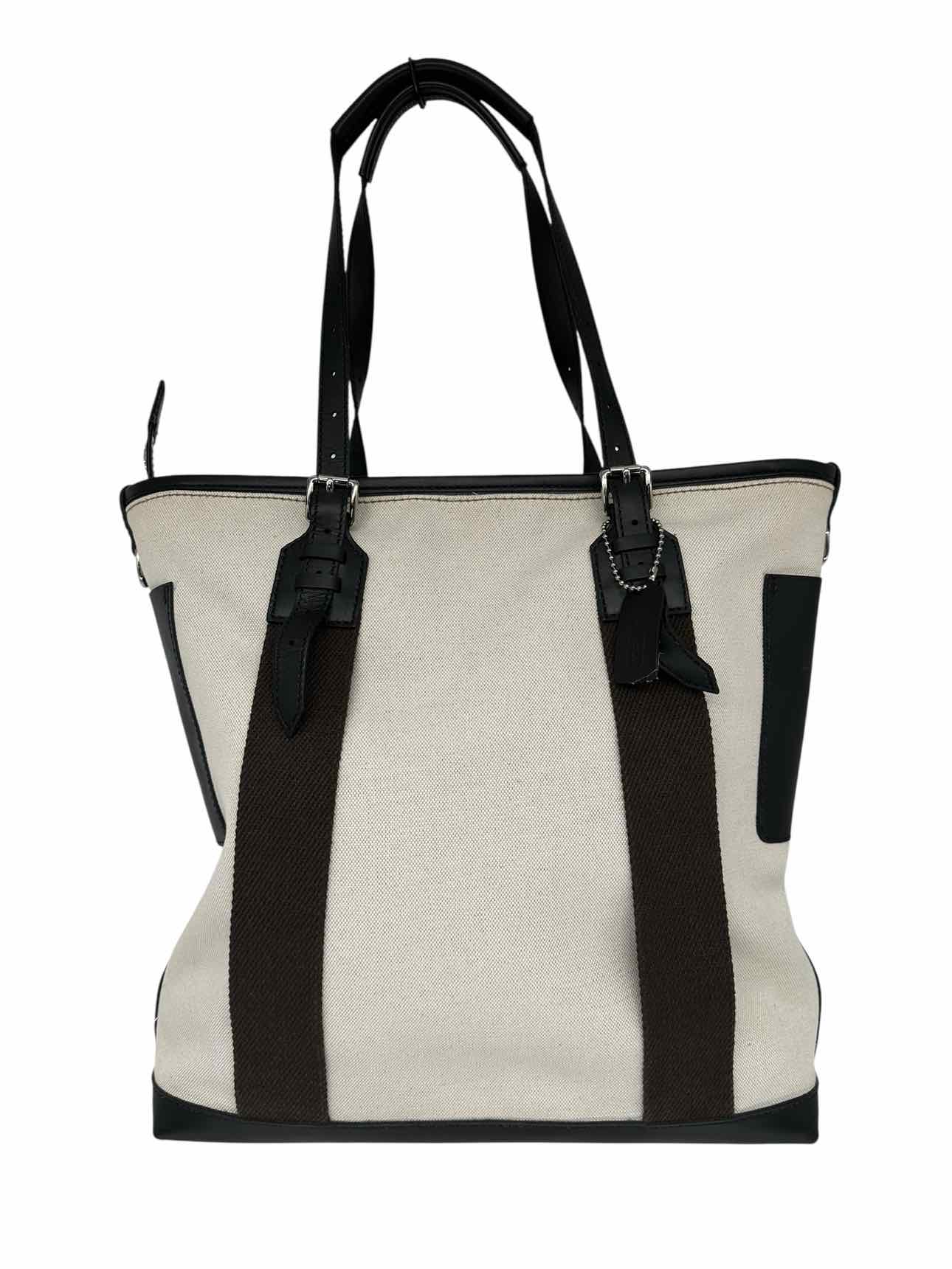 Coach Off-White Canvas Tote W/ Black Leather Trim