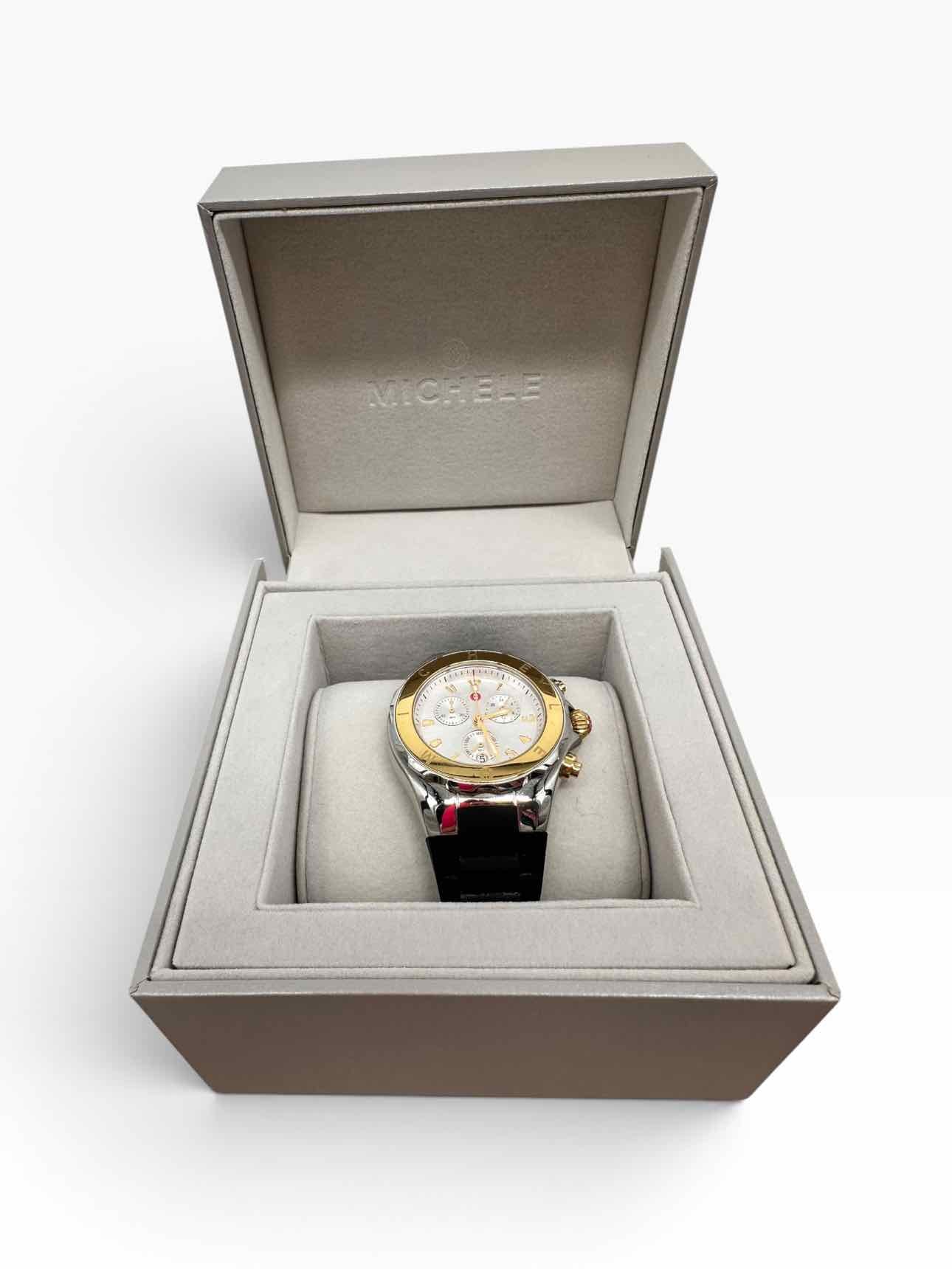 Michele Silver Tahitian Jellybean Silicone Strap 2 Tone 38mm Wristwatch **NEW**