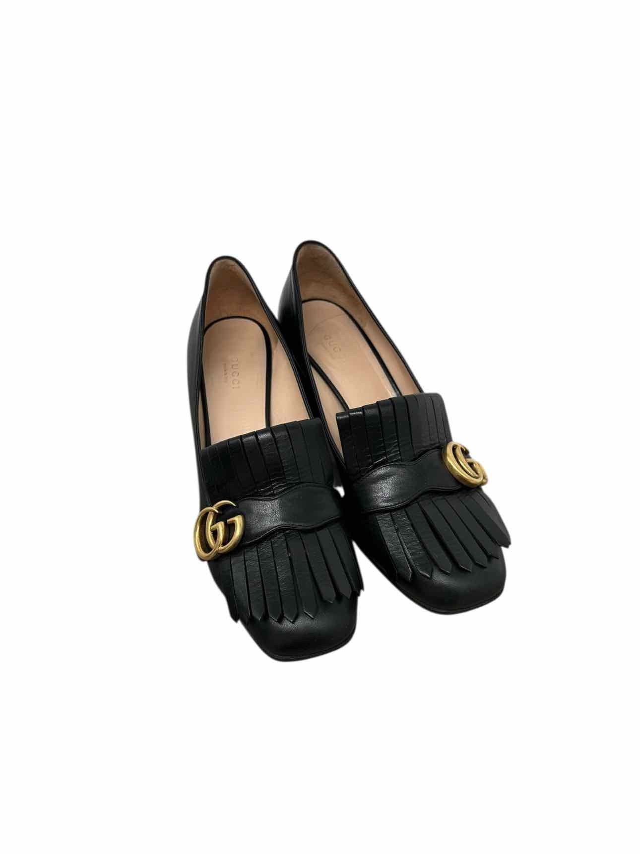 Gucci GG Marmont Fringe Block Heel Loafer Pump Black Shoe Size 9