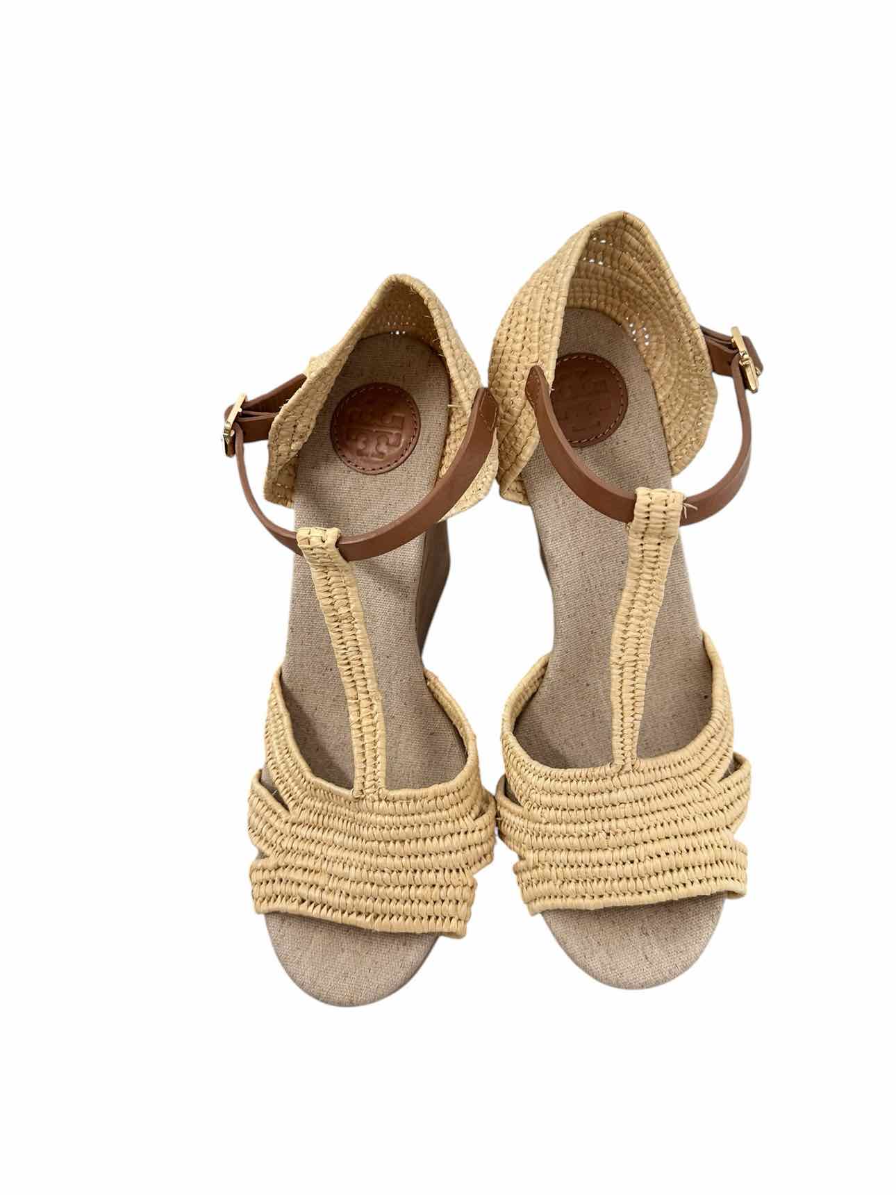 Tory Burch Carina Wedge Tan Sandals Shoe Size 9.5