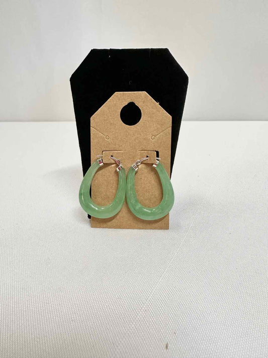 Green Jadeite Rhodium over Sterling Silver Oval Hoop Earrings