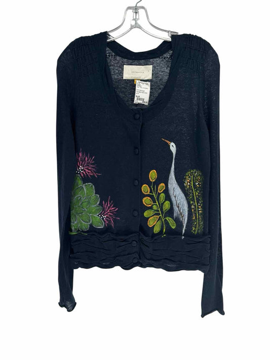 Anthropologie Leifsdottir Handpainted Crane Print Navy Cardigan Size M