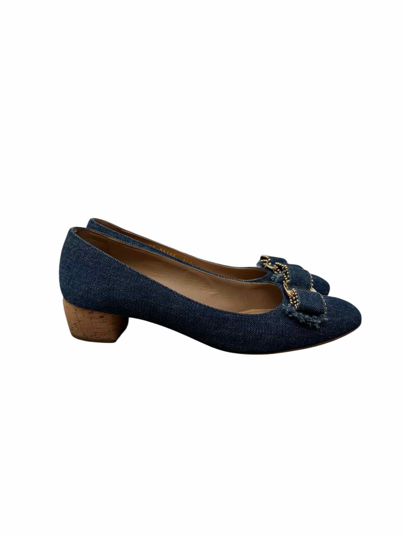 Salvatore Ferragamo Vara Denim Pumps w/ Cork Heel Shoe Size 8.5