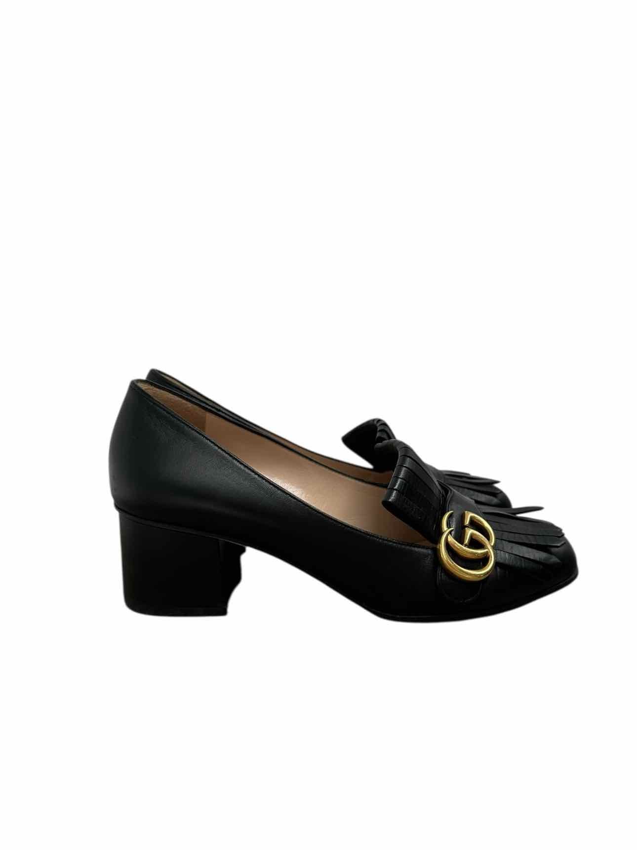Gucci GG Marmont Fringe Block Heel Loafer Pump Black Shoe Size 9