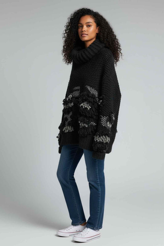 McQ by Alexander McQueen Black Crocheted Tassel Turtleneck Size L