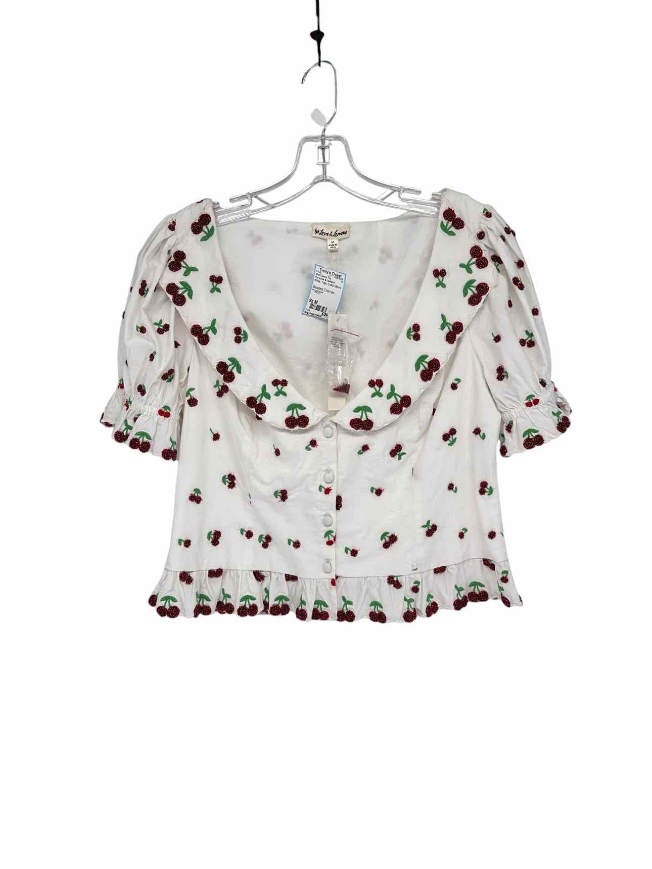 For Love & Lemons Beaded Cherries White Short Sleeve Top Size M **NEW**