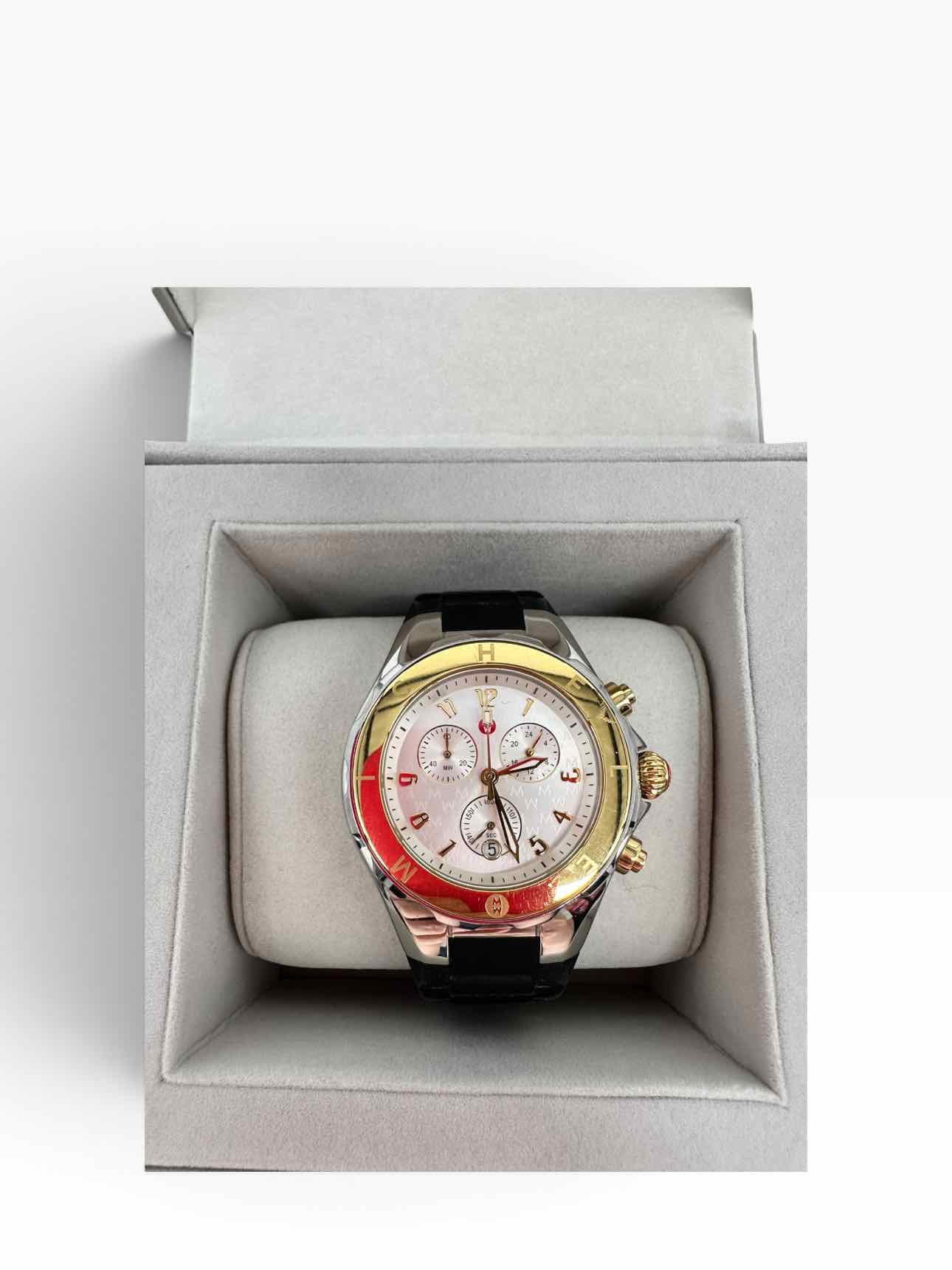 Michele Silver Tahitian Jellybean Silicone Strap 2 Tone 38mm Wristwatch **NEW**