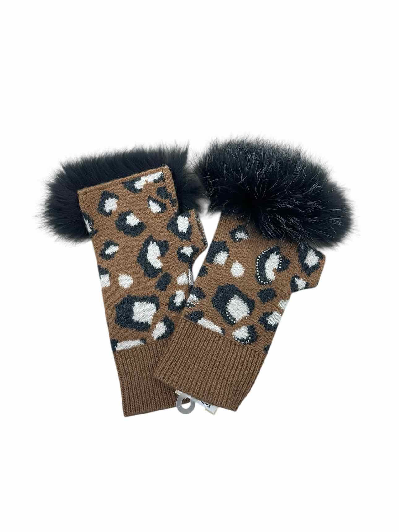 Mitchie's Matchings Leopard Print Fingerless Wool Gloves w/ Fox Fur & Crystals