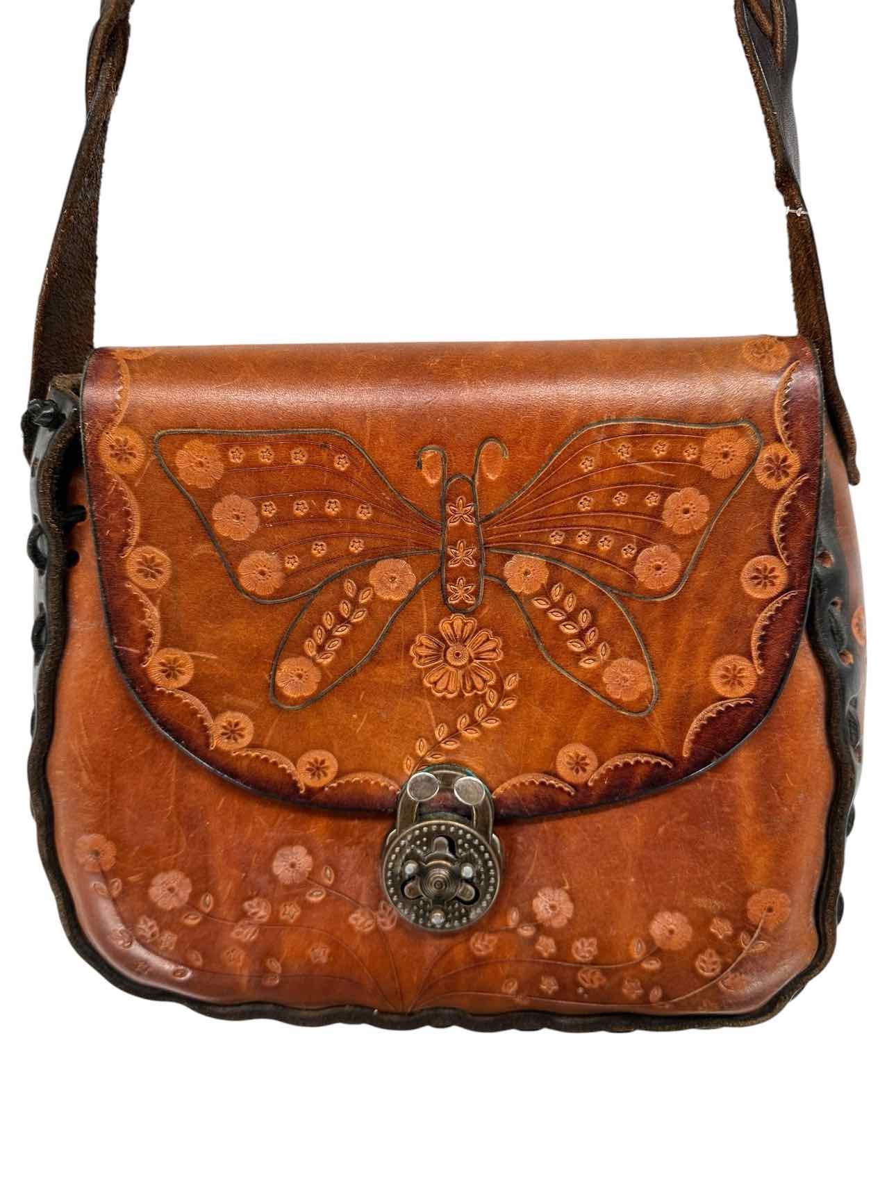 Vintage 1970's Hand Tooled Tan Leather Shoulder Bag