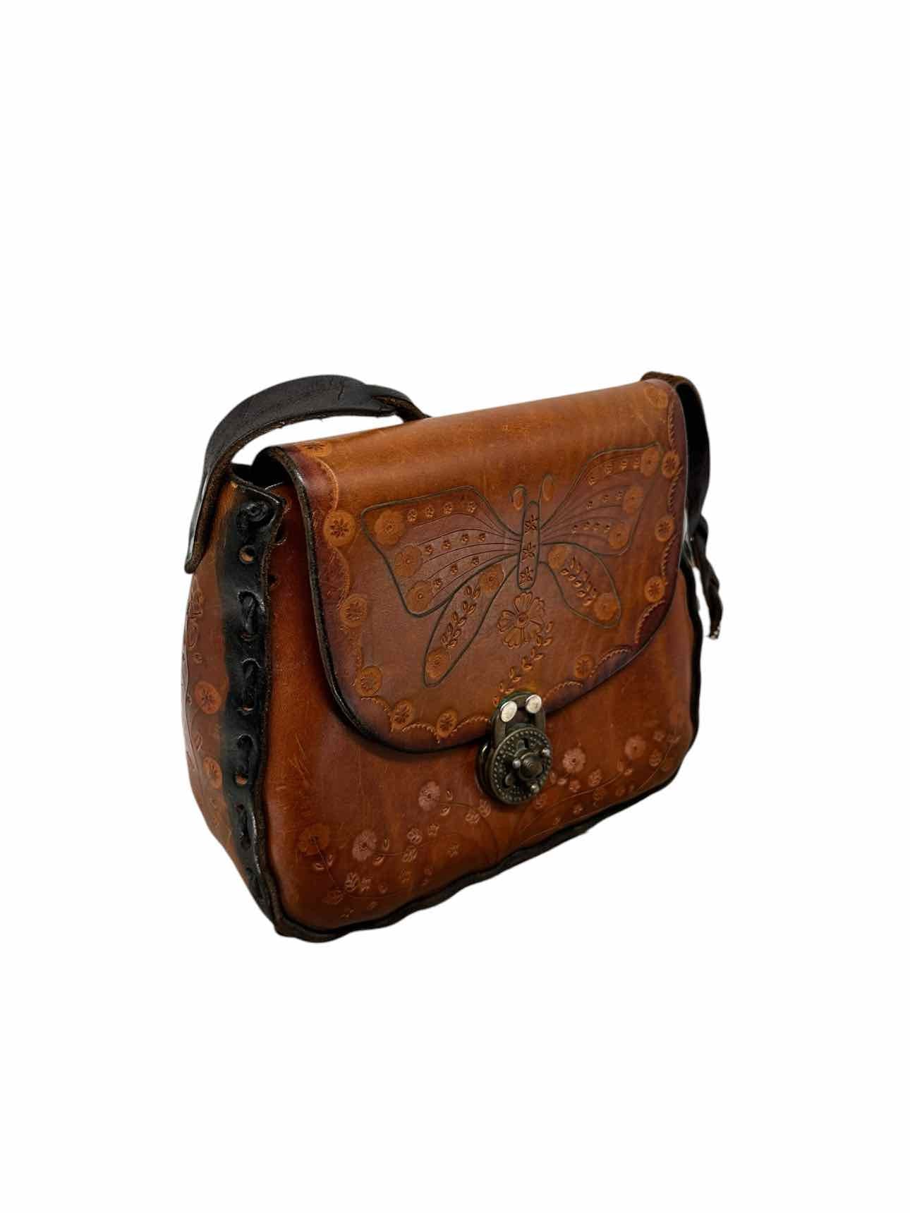 Vintage 1970's Hand Tooled Tan Leather Shoulder Bag