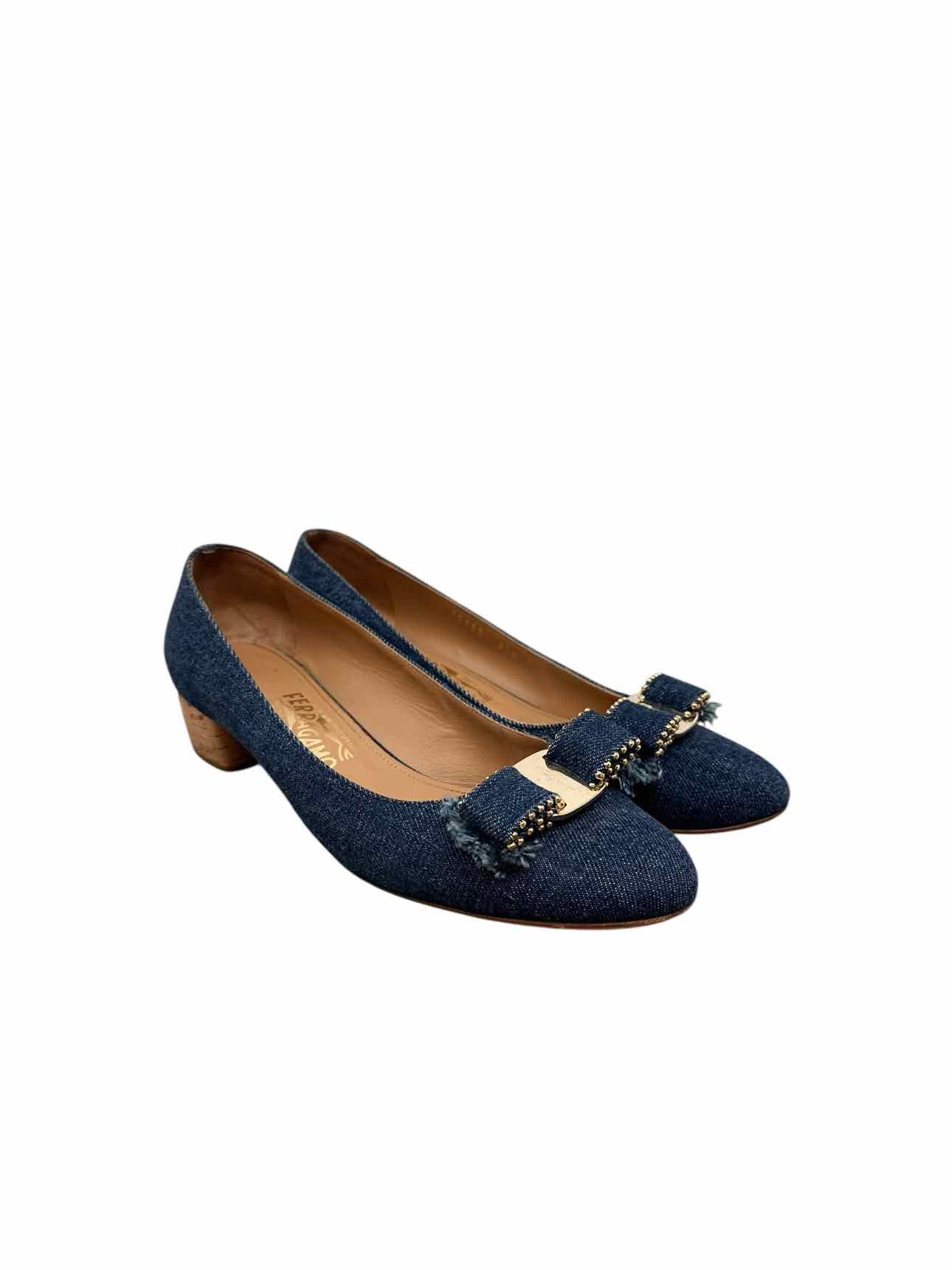 Salvatore Ferragamo Vara Denim Pumps w/ Cork Heel Shoe Size 8.5