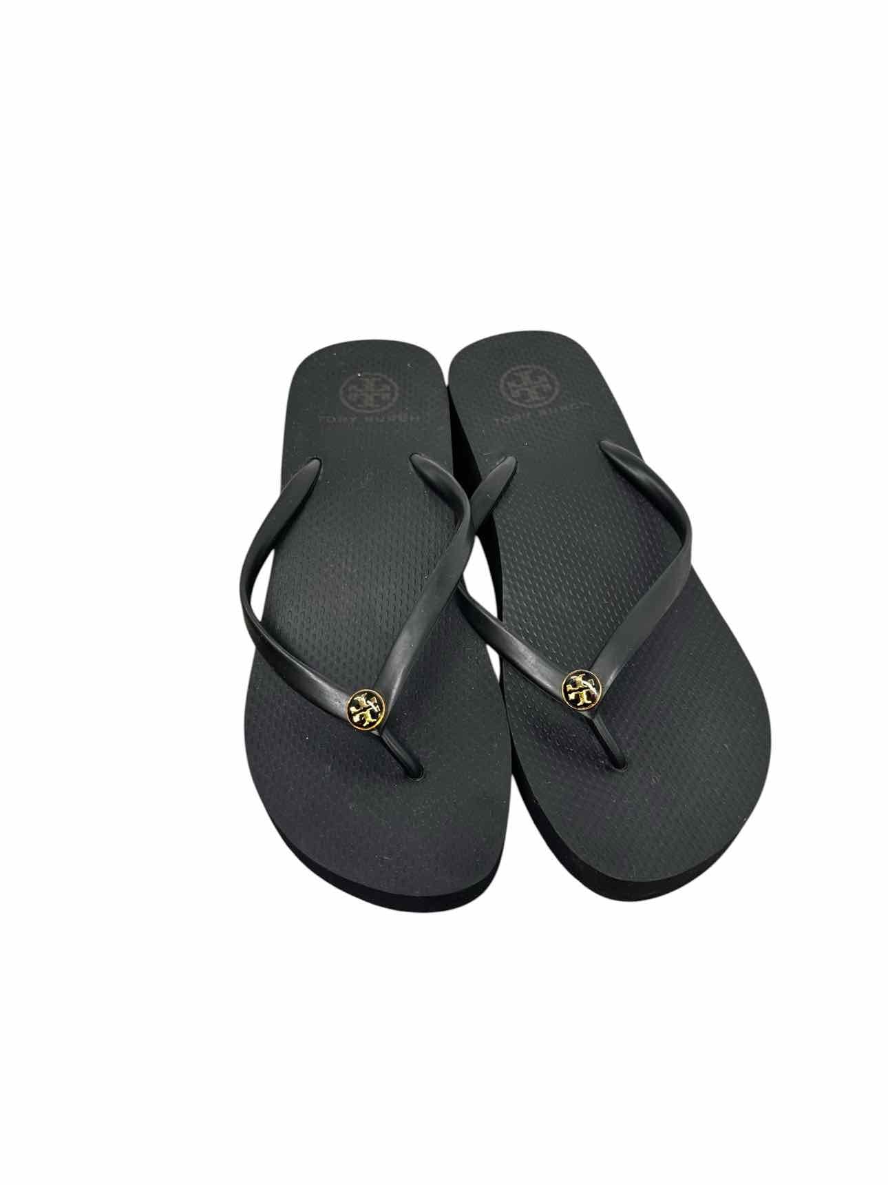 Tory Burch Black Logo Wedg Flip Flops  Shoe Size 8