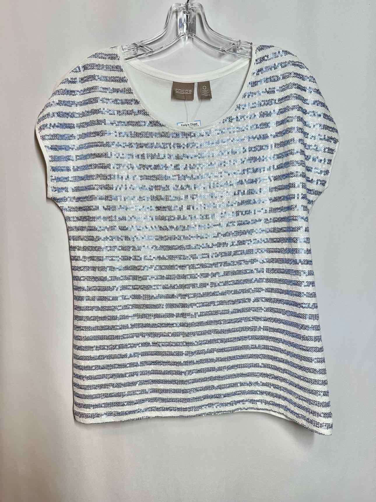 Chicos White & Blue Sequins Stripe Short Sleeve Top Size S