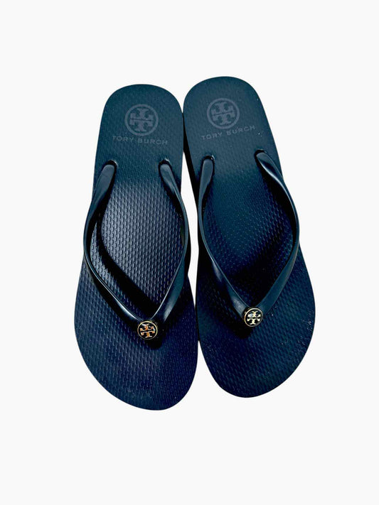 Tory Burch Logo Wedge Flip Flops Black Shoe Size 8